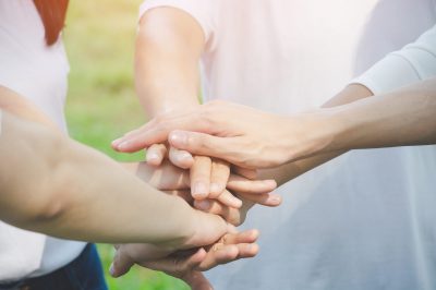 Team teamwork business join hand together concept, Power of volunteer charity work, Stack of people hand